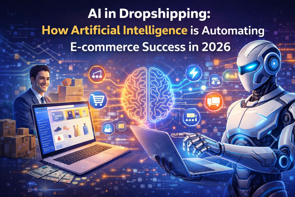 Professional illustration of AI-driven dropshipping automation and e-commerce logistics